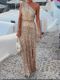 Sequin One-Shoulder Slit Maxi Dress Beige