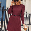 Ribbed Knit Puff Sleeve Casual Mini Dress Wine Red