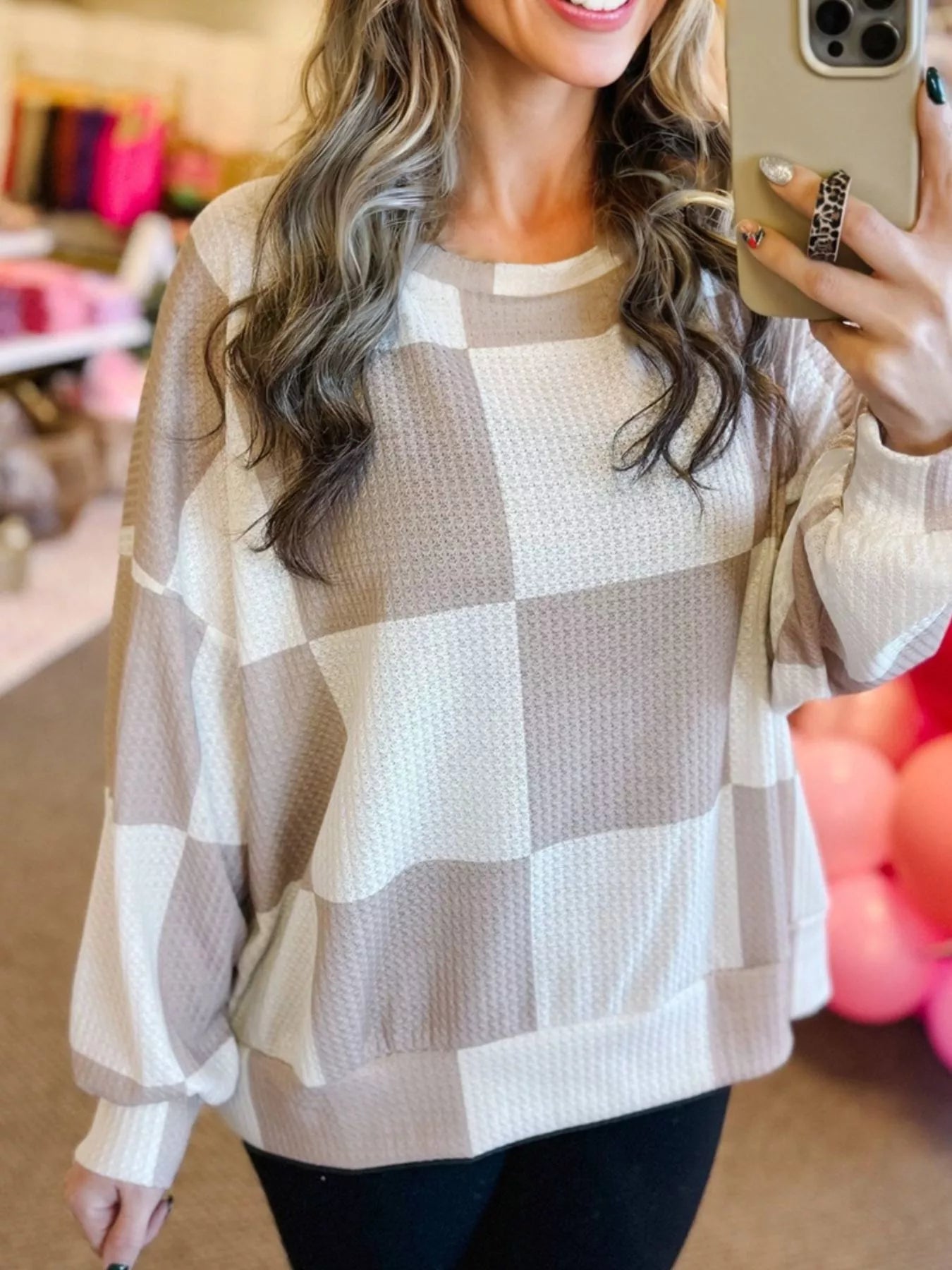 Checkered Breathable Textured Long Sleeve Top