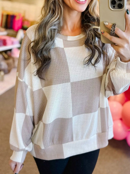 Checkered Breathable Textured Long Sleeve Top
