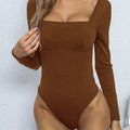 Square Neck Long Sleeve Bodysuit Brown