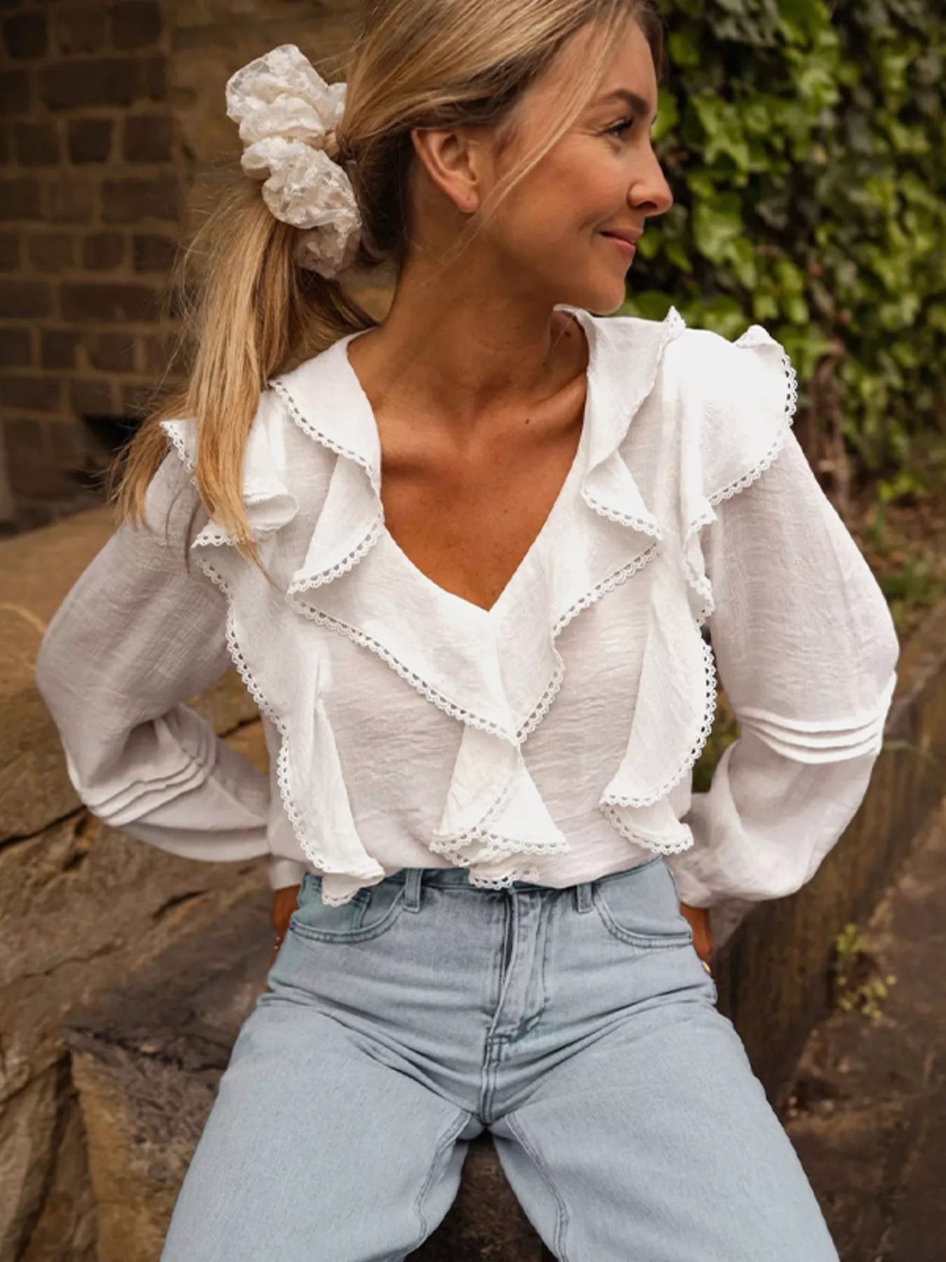 Ruffle Trim V-Neck Blouse