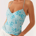 Embroidered Sequin Tie Back Cami Blue