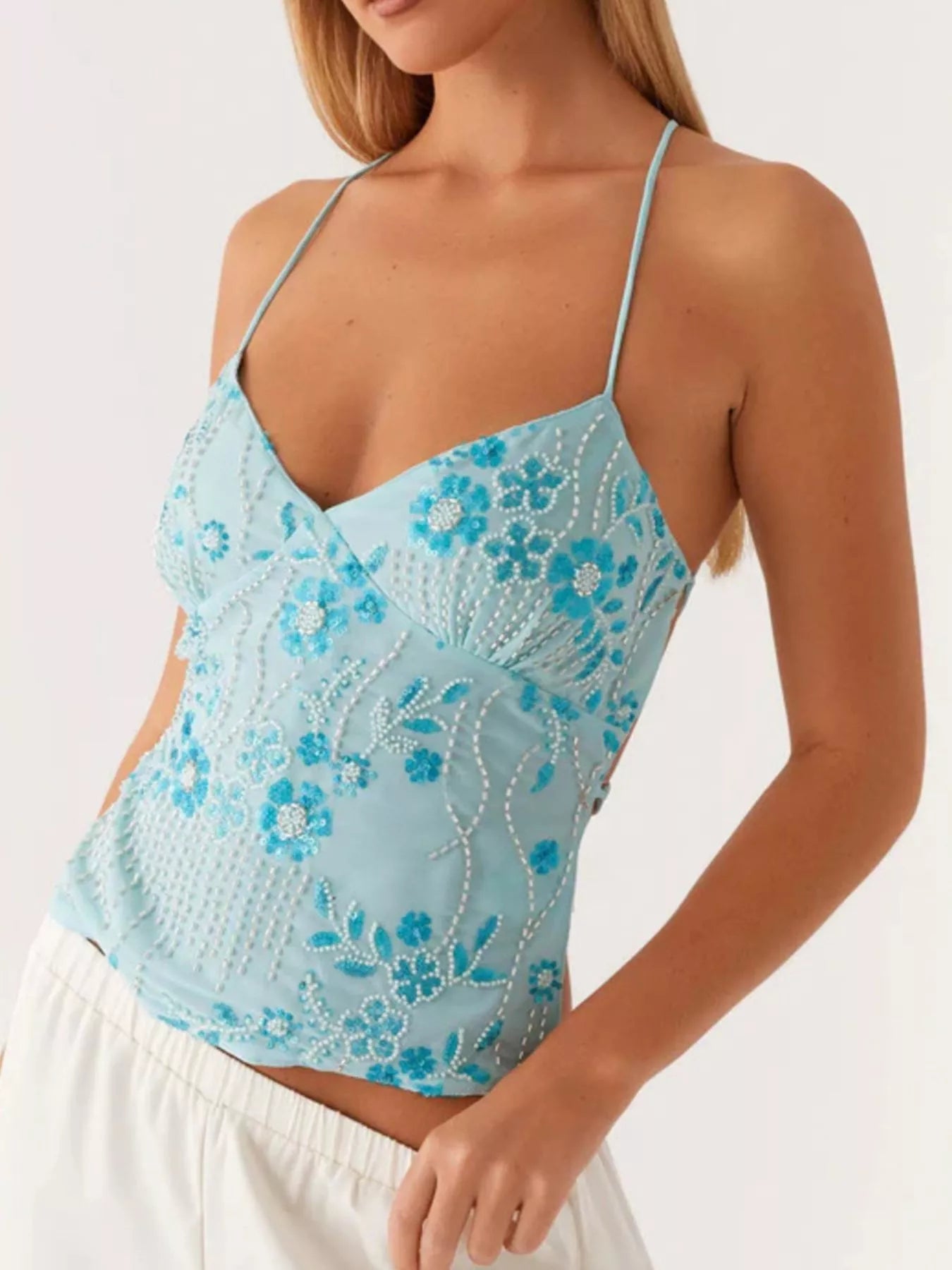 Embroidered Sequin Tie Back Cami Blue