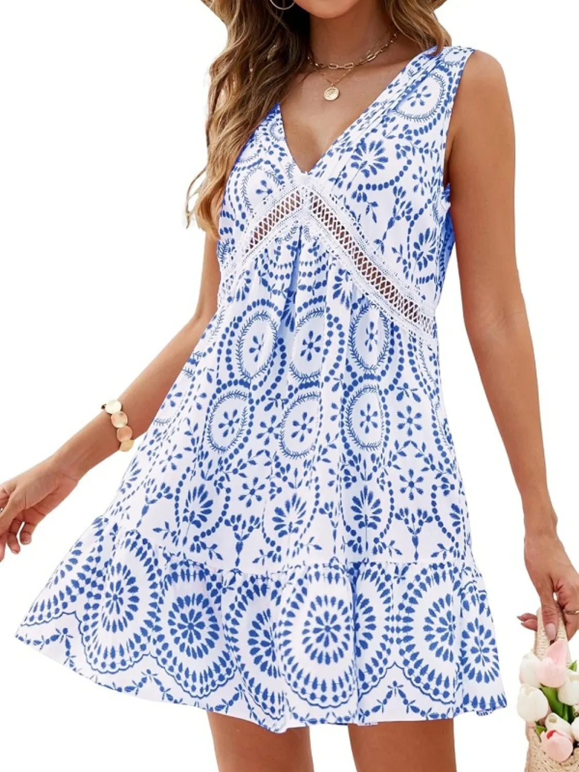 Printed V-Neck Sleeveless Mini Dress