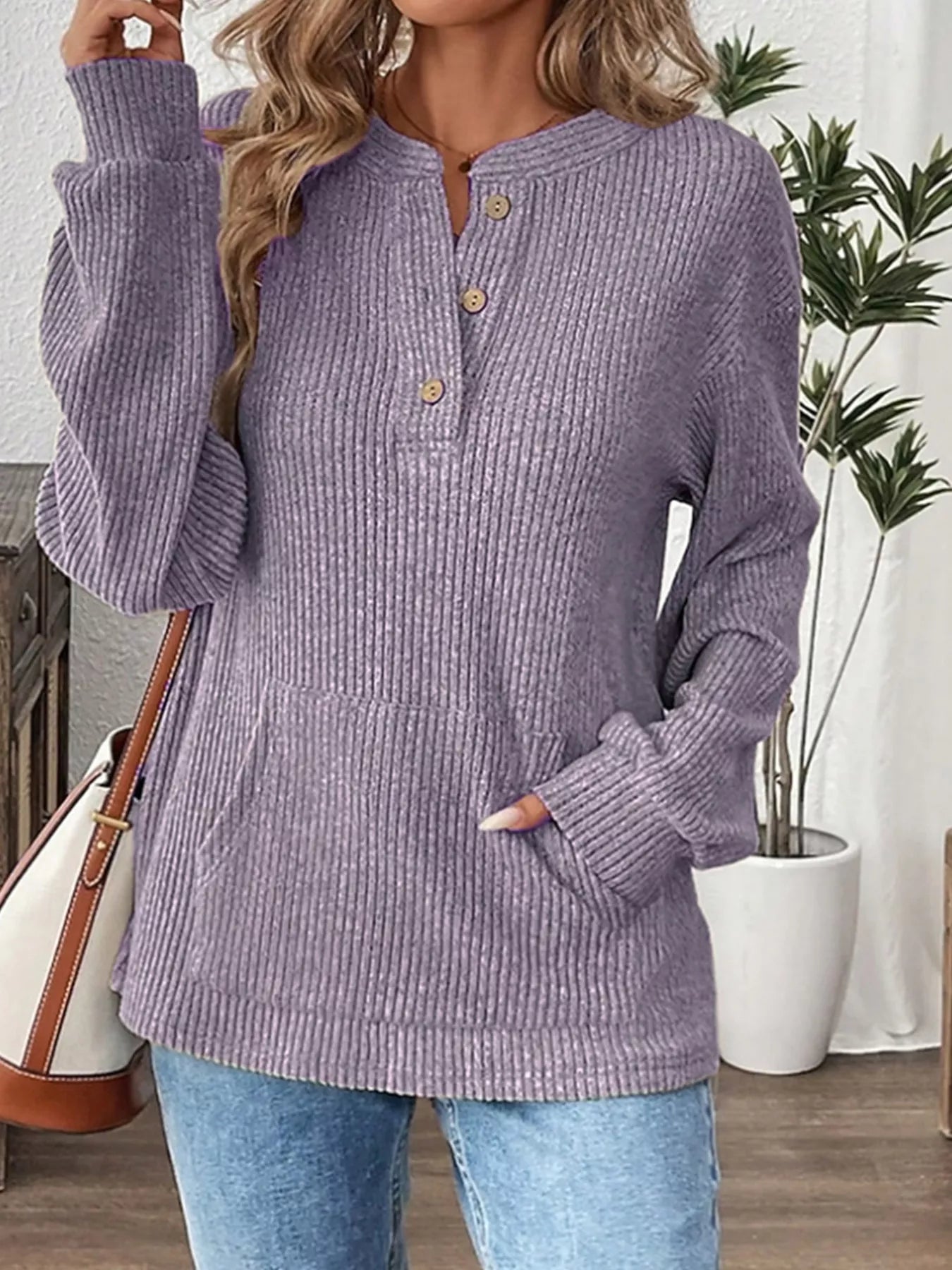 Ribbed Button Detail Long Sleeve T-Shirt Lavender