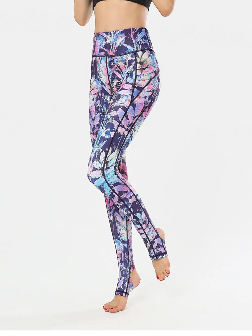 Printed Wide Waistband Active Leggings with Stirrups Lavender