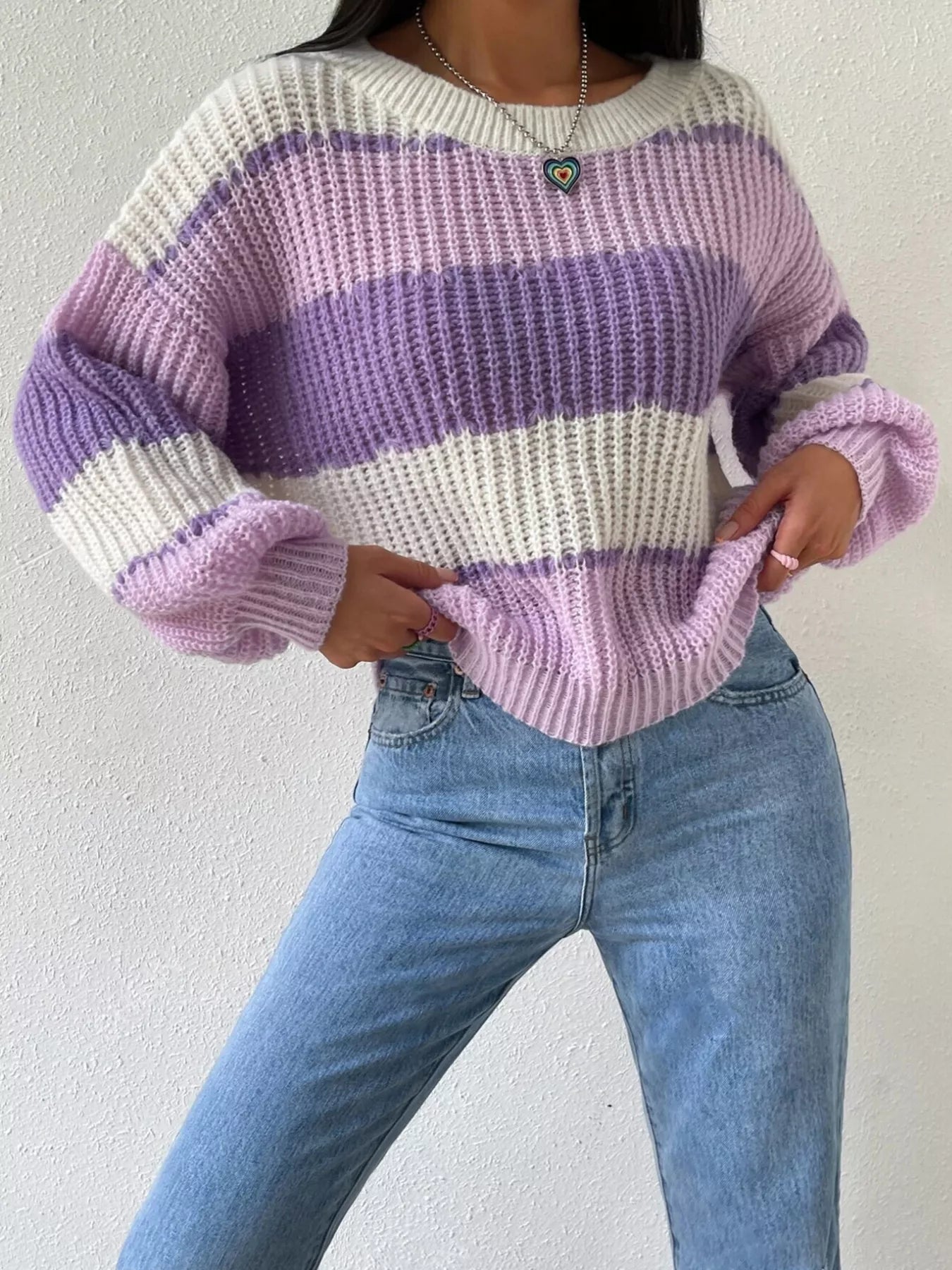 Striped Knit Round Neck Sweater