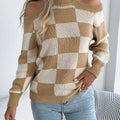 Cold Shoulder Checkered Long Sleeve Sweater
