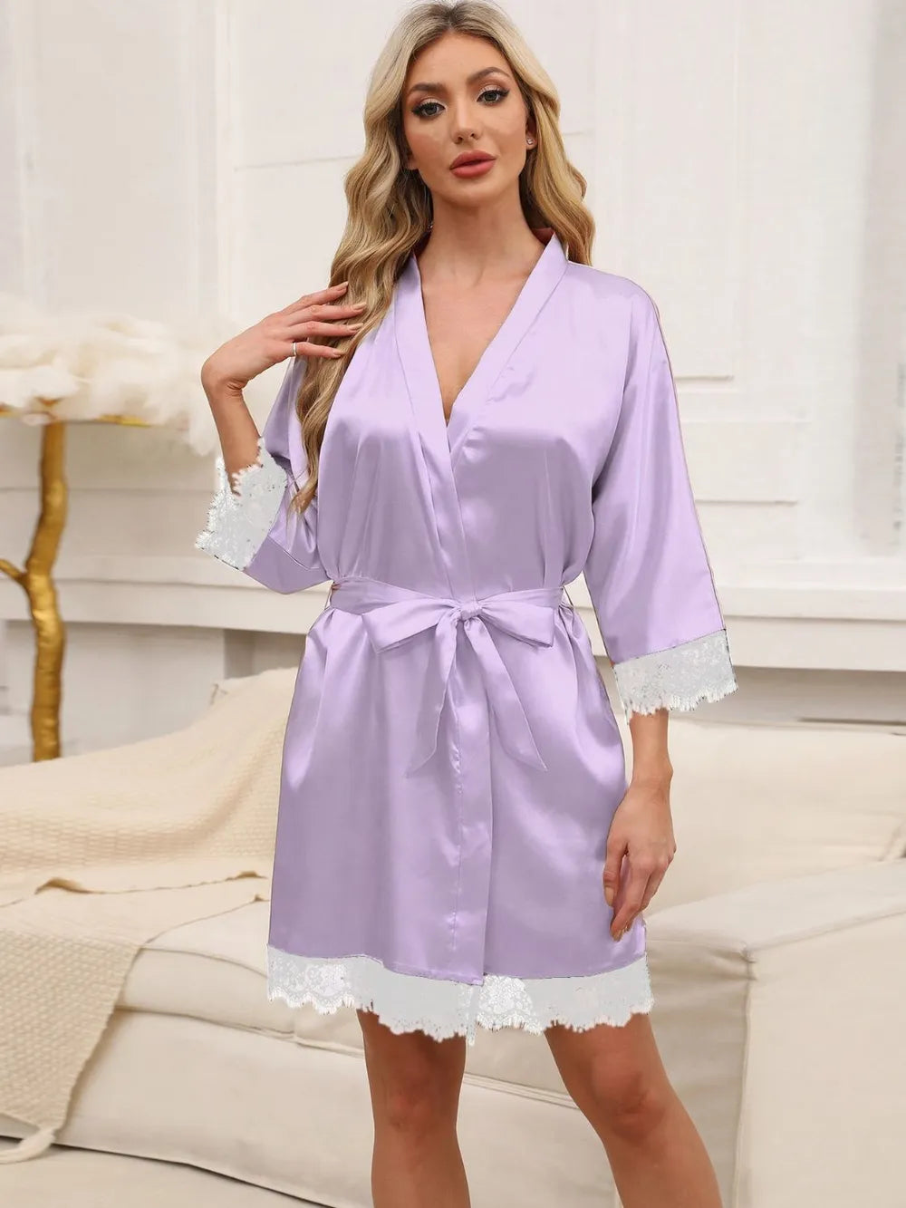 Tied Lace Detail Three-Quarter Sleeve Lounge Nightgown Lilac