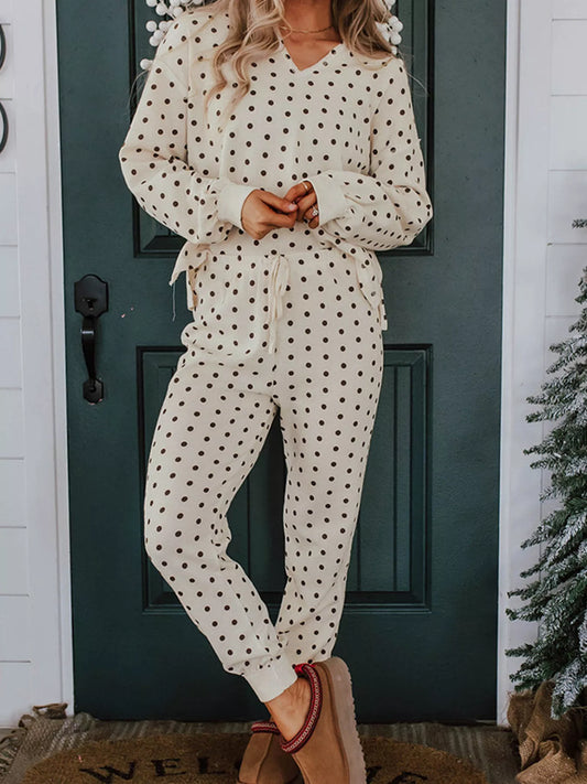 Polka Dot Notched Long Sleeve Top and Drawstring Joggers Lounge Set Dot