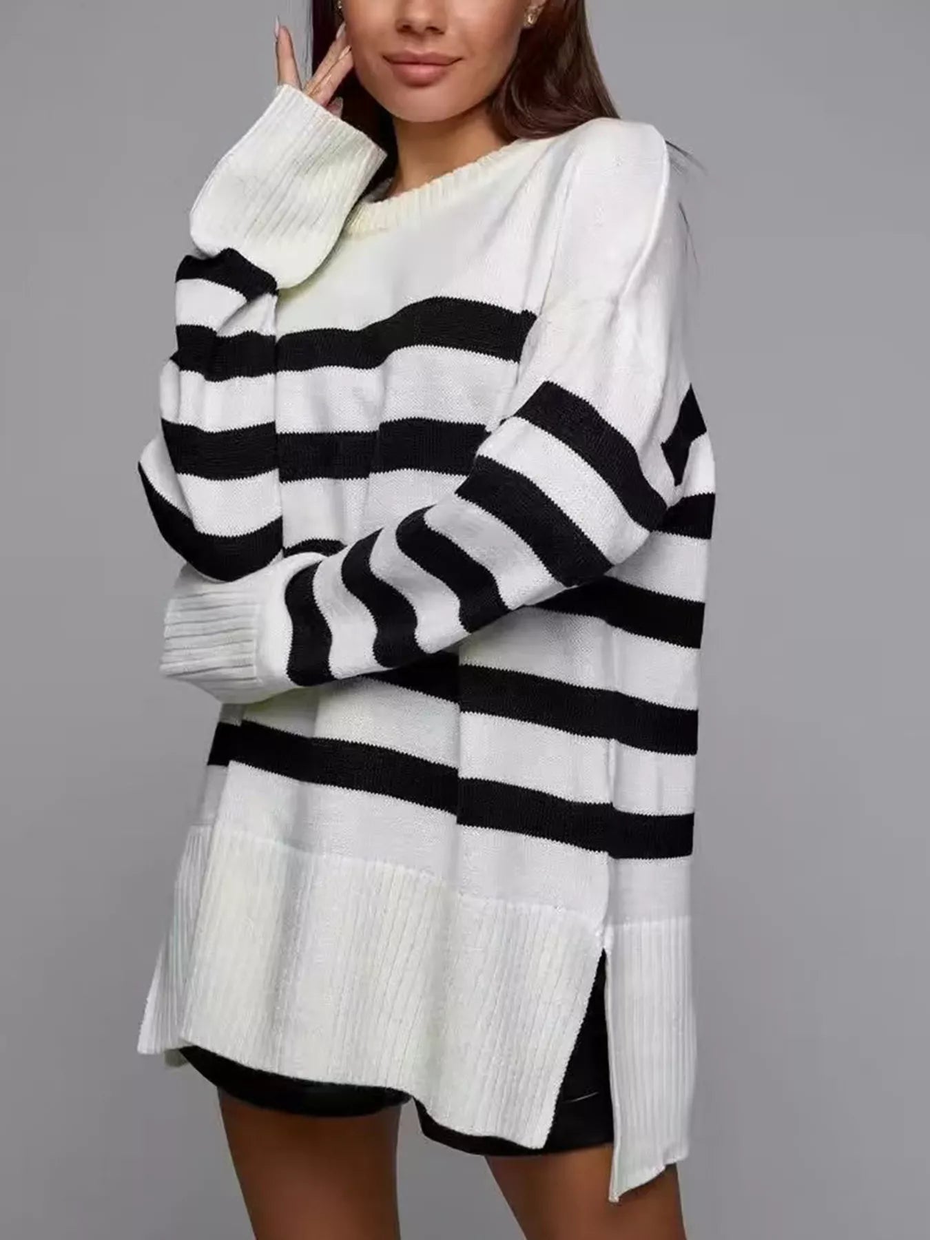Side Slit Striped Oversized Knit Sweater White