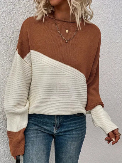 Color Block Ribbed Knit Sweater Caramel Color