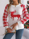 Reindeer Plaid Round Neck Long Sleeve Sweater White