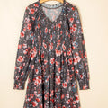 Frilly Smocked Bodice Floral Mesh Long Sleeve Mini Dress