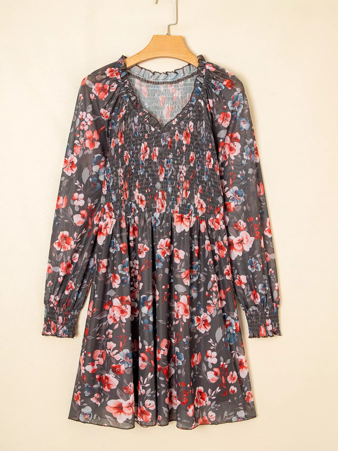 Frilly Smocked Bodice Floral Mesh Long Sleeve Mini Dress