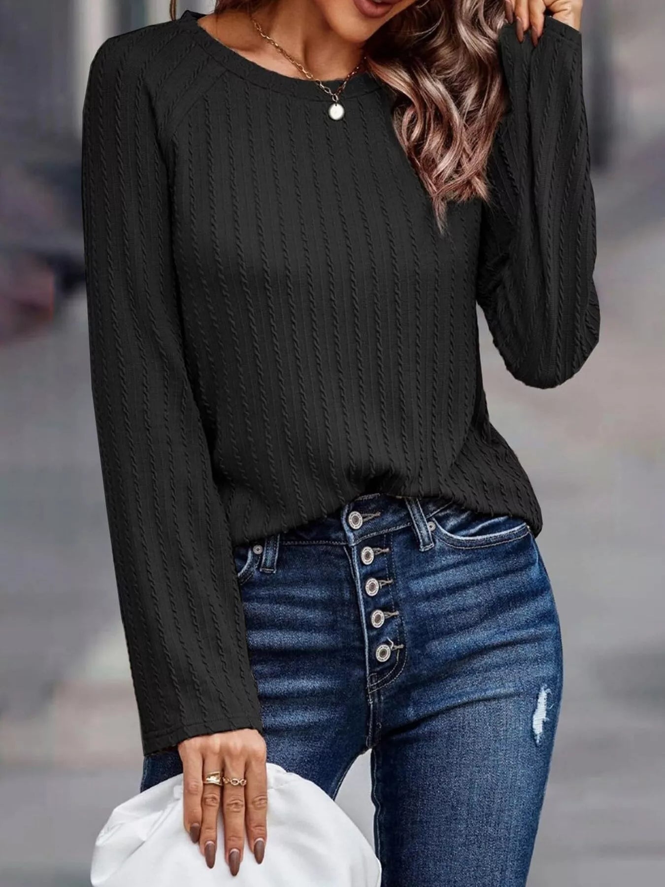 Textured Knit Long Sleeve T-Shirt Black