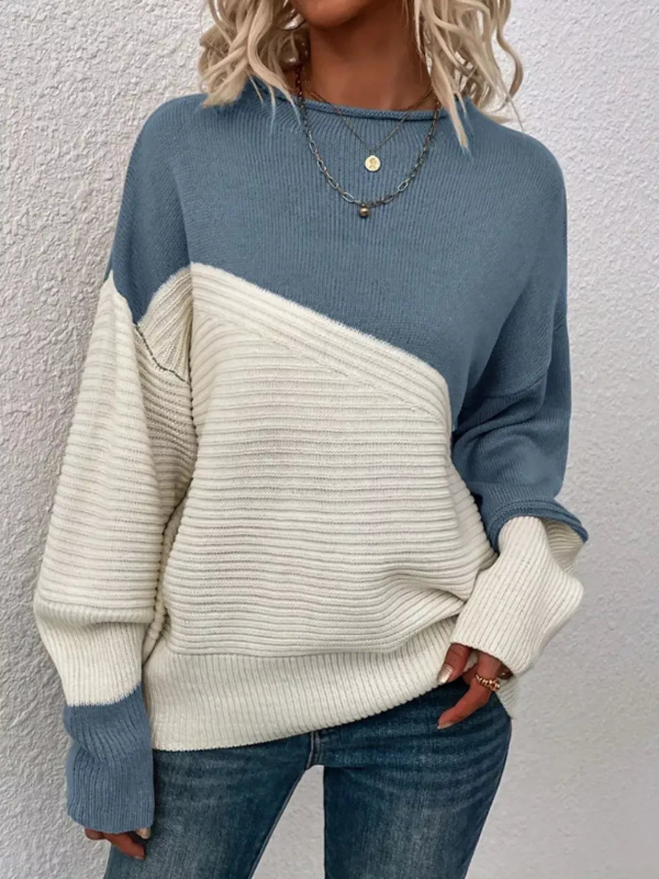 Color Block Ribbed Knit Sweater