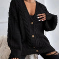 Chunky Knit Cable Knit Button-Up Cardigan Black