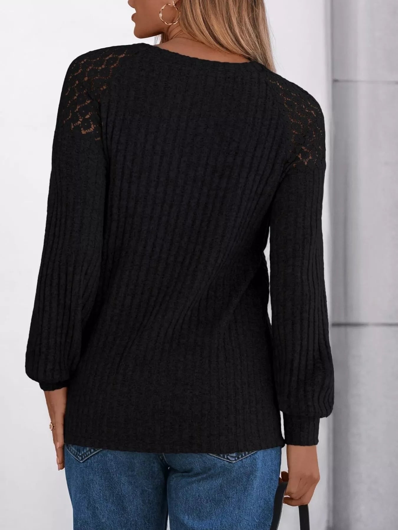 Ribbed Knit T-Shirt with Lace Shoulder Detail