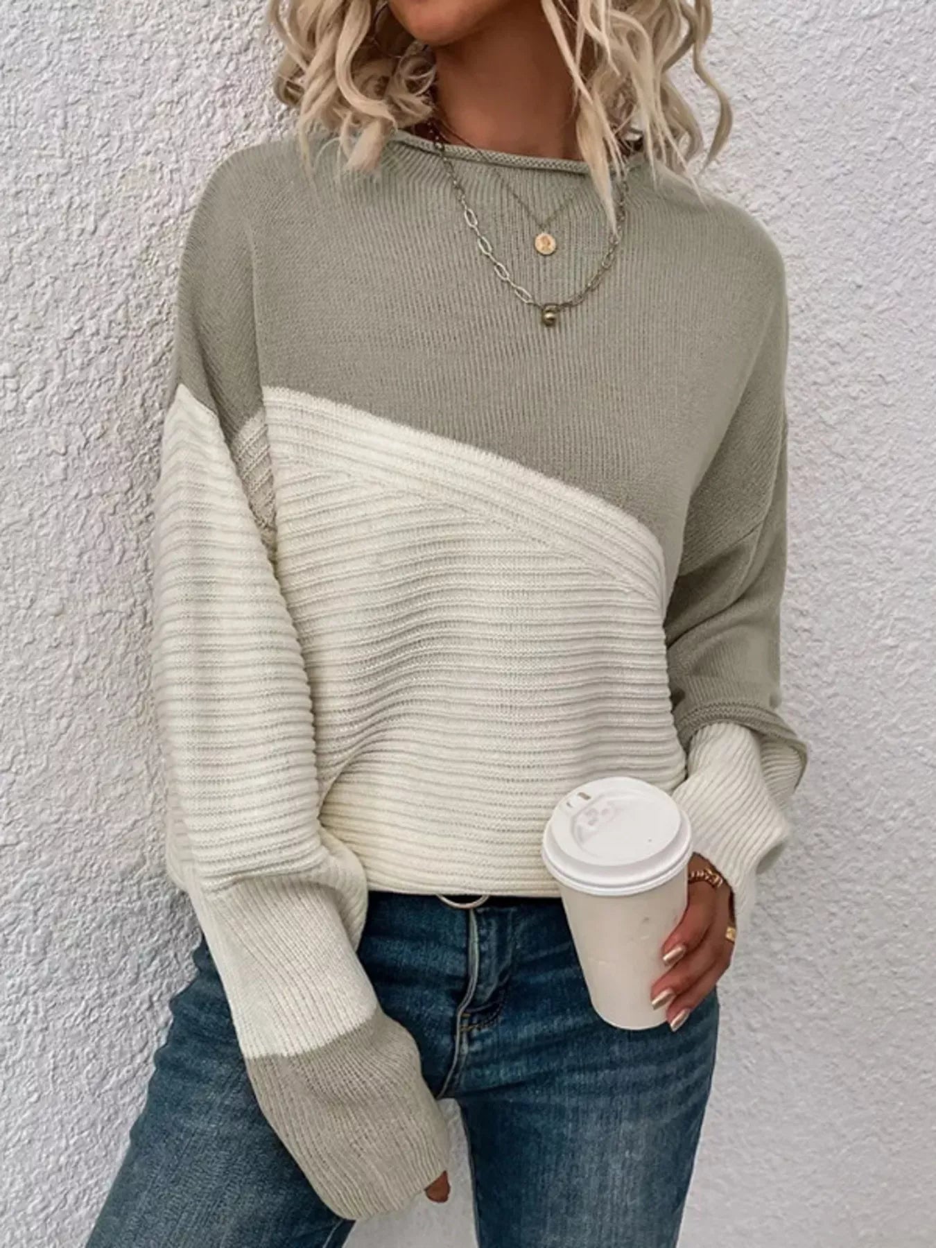 Color Block Ribbed Knit Sweater
