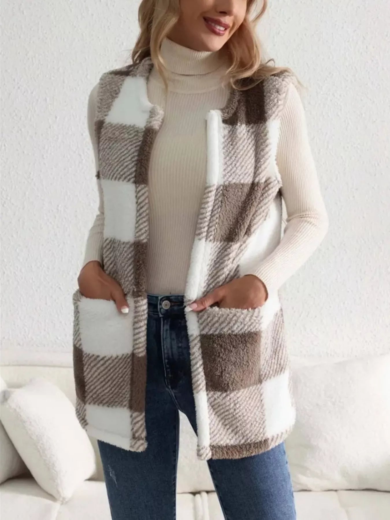 Cozy Plaid Sherpa Vest Coat
