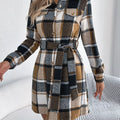 Plaid Button Front Tie Waist Shirt Dress Khaki