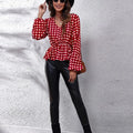 Plaid V-Neck Balloon Sleeve Peplum Blouse