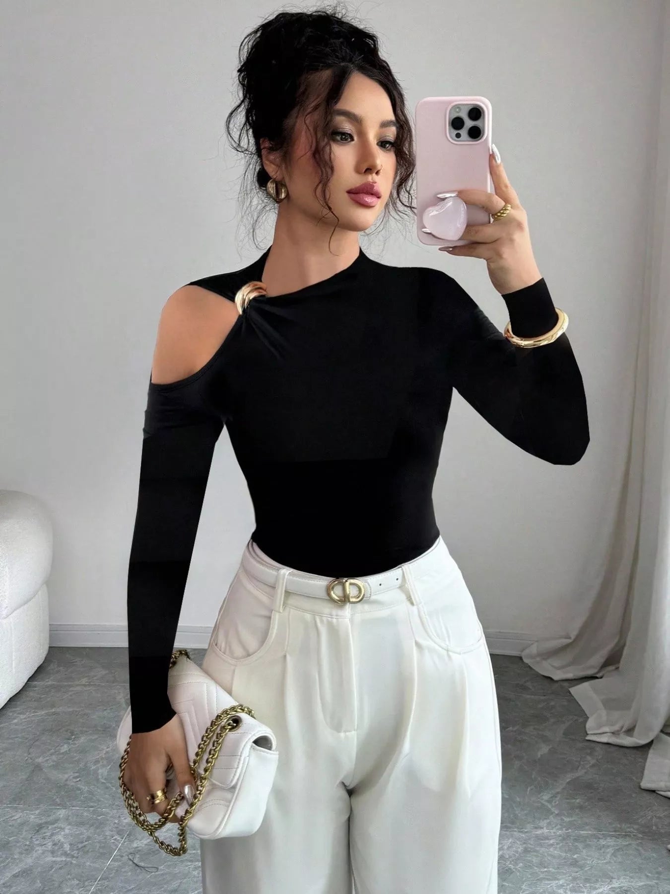 Cutout One-Shoulder Long Sleeve T-Shirt Black