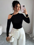 Cutout One-Shoulder Long Sleeve T-Shirt Black