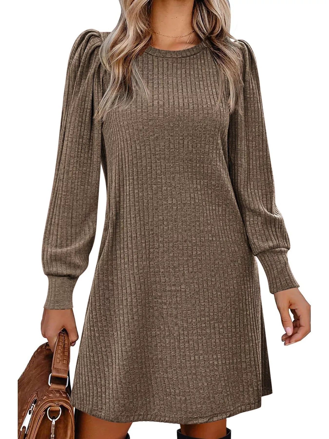 Ribbed Knit Puff Sleeve Casual Mini Dress