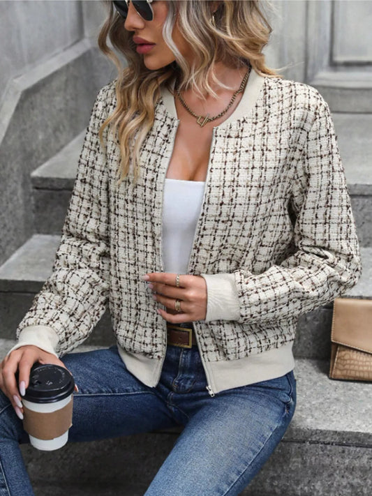 Tweed Zip Up Bomber Jacket