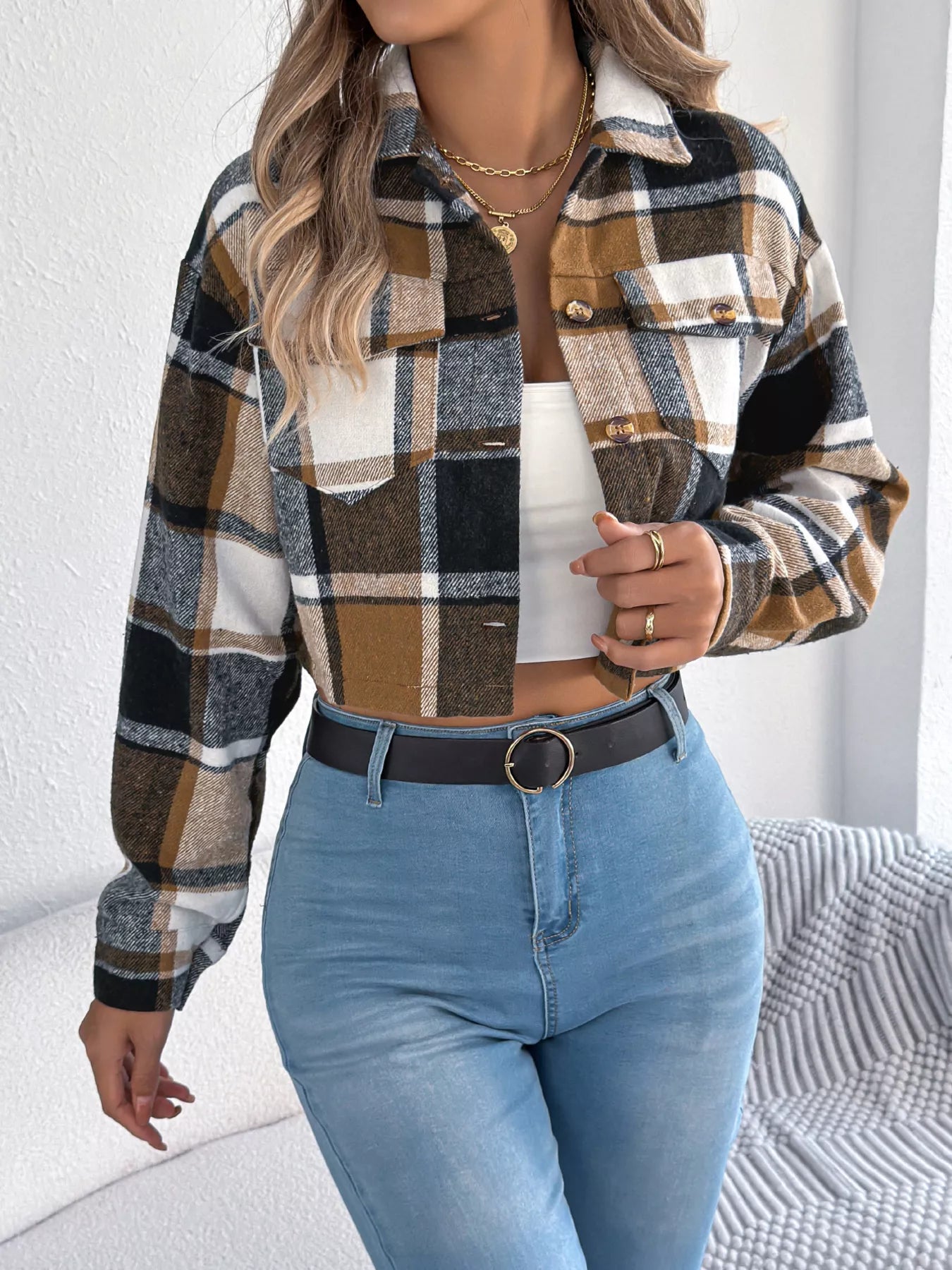 Plaid Button Up Cropped Jacket