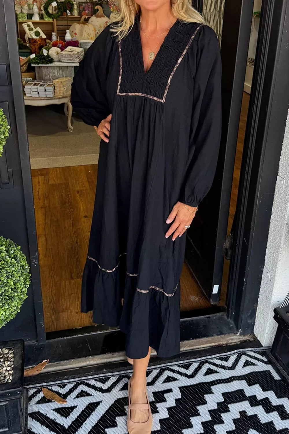 Collared V Neck Smocked Detail Contrast Leopard Trim Dress Black