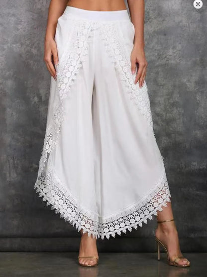 Full Size Lace Detail Wide Leg Pants Plus Size White
