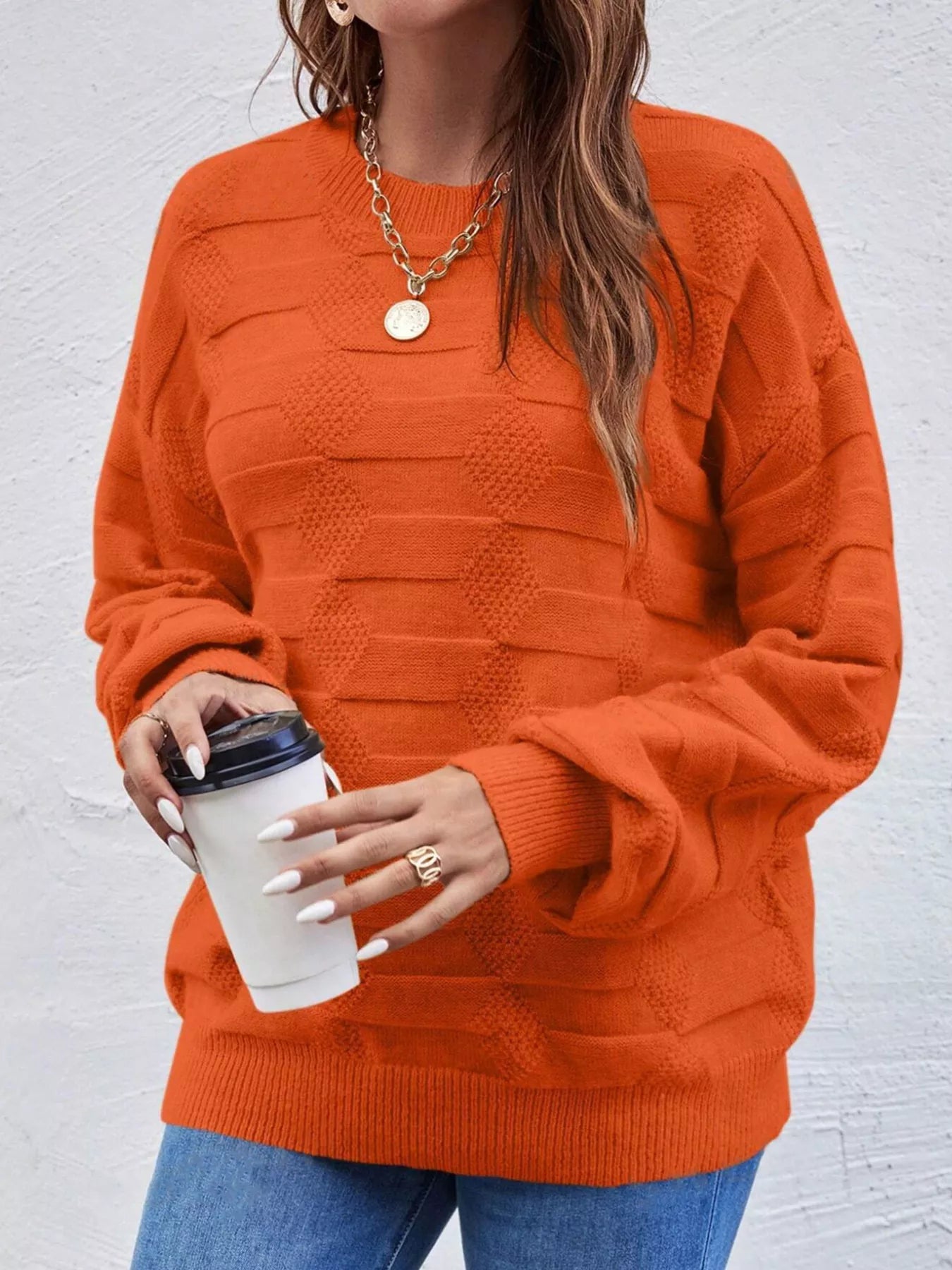 Textured Knit Round Neck Sweater