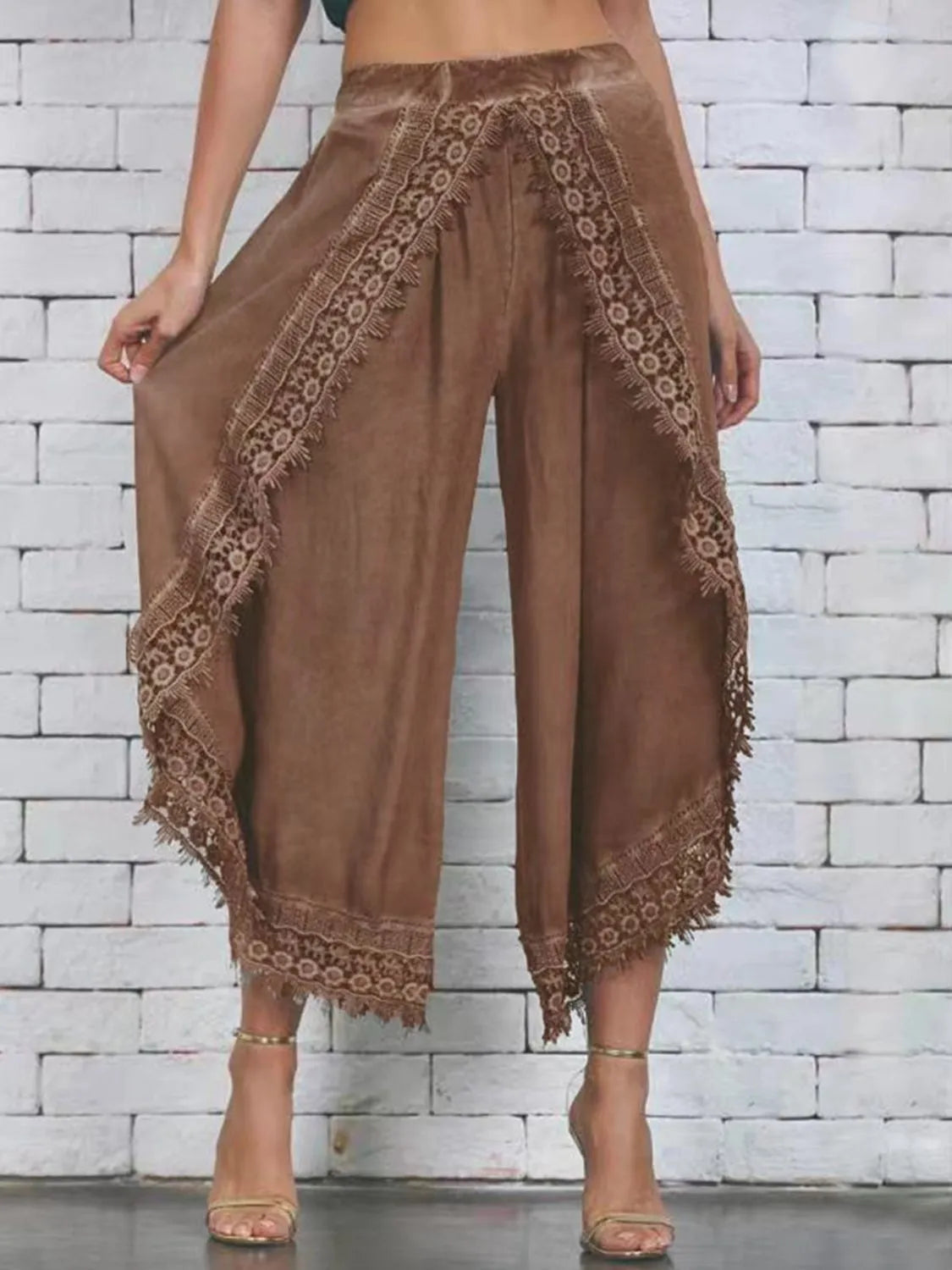 Full Size Lace Detail Wide Leg Pants Plus Size Caramel