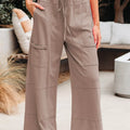 Mineral Wash Exposed Seam Drawstring Elastic Waistband Wide Leg Cargo Pants