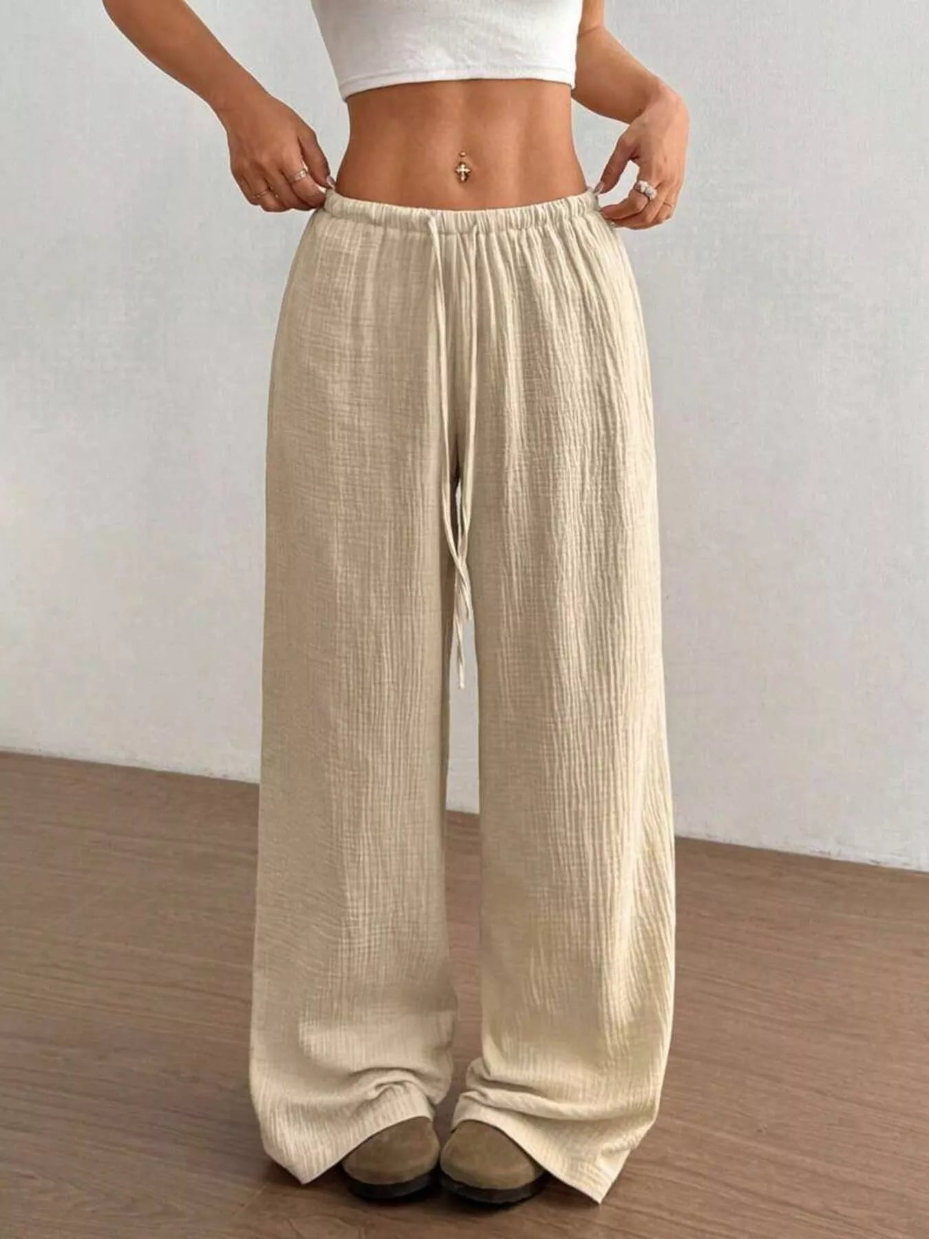 Full Size Drawstring Wide Leg Pants Plus Size Apricot