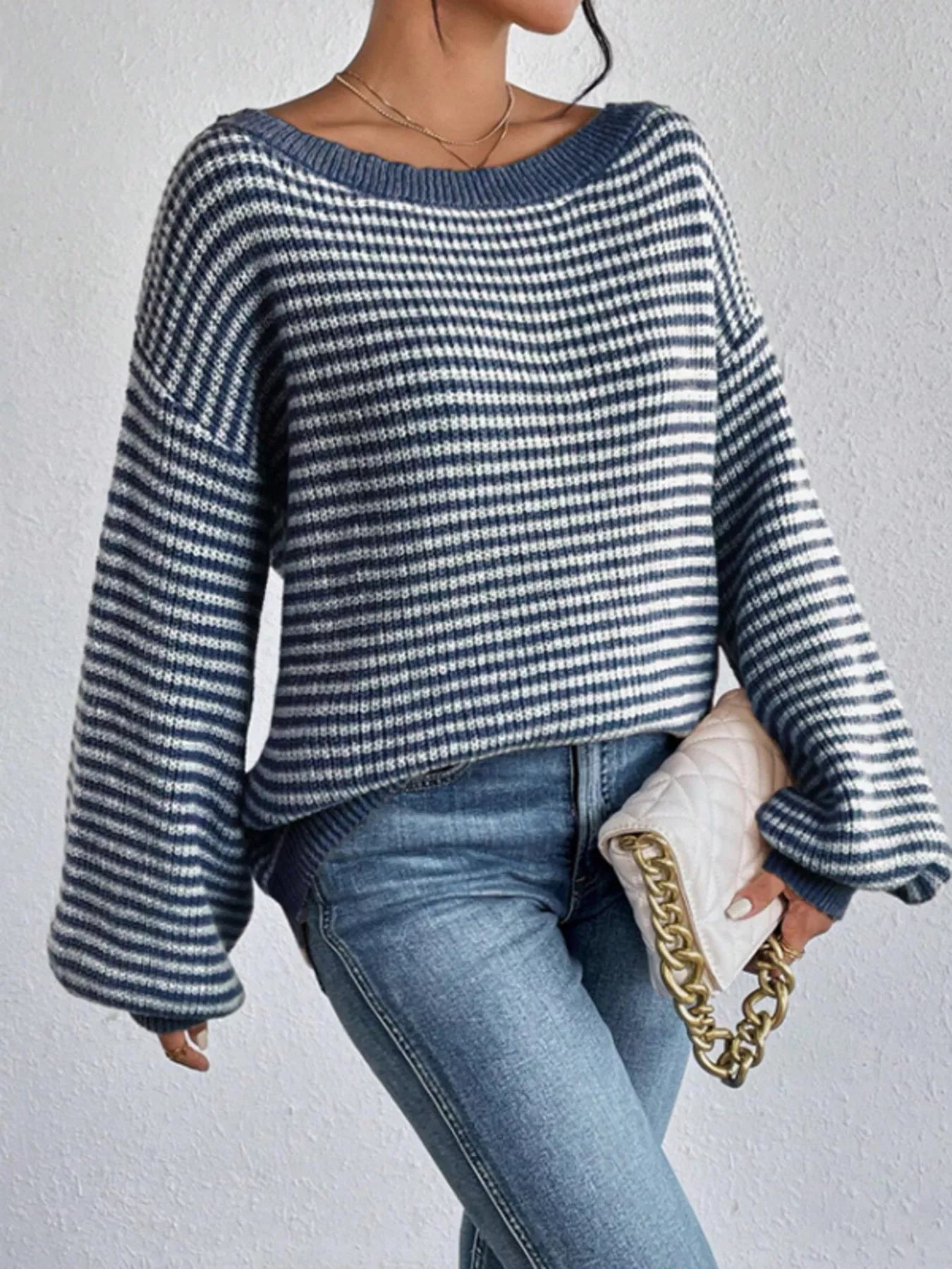 Striped Boat Neck Long Sleeve Sweater