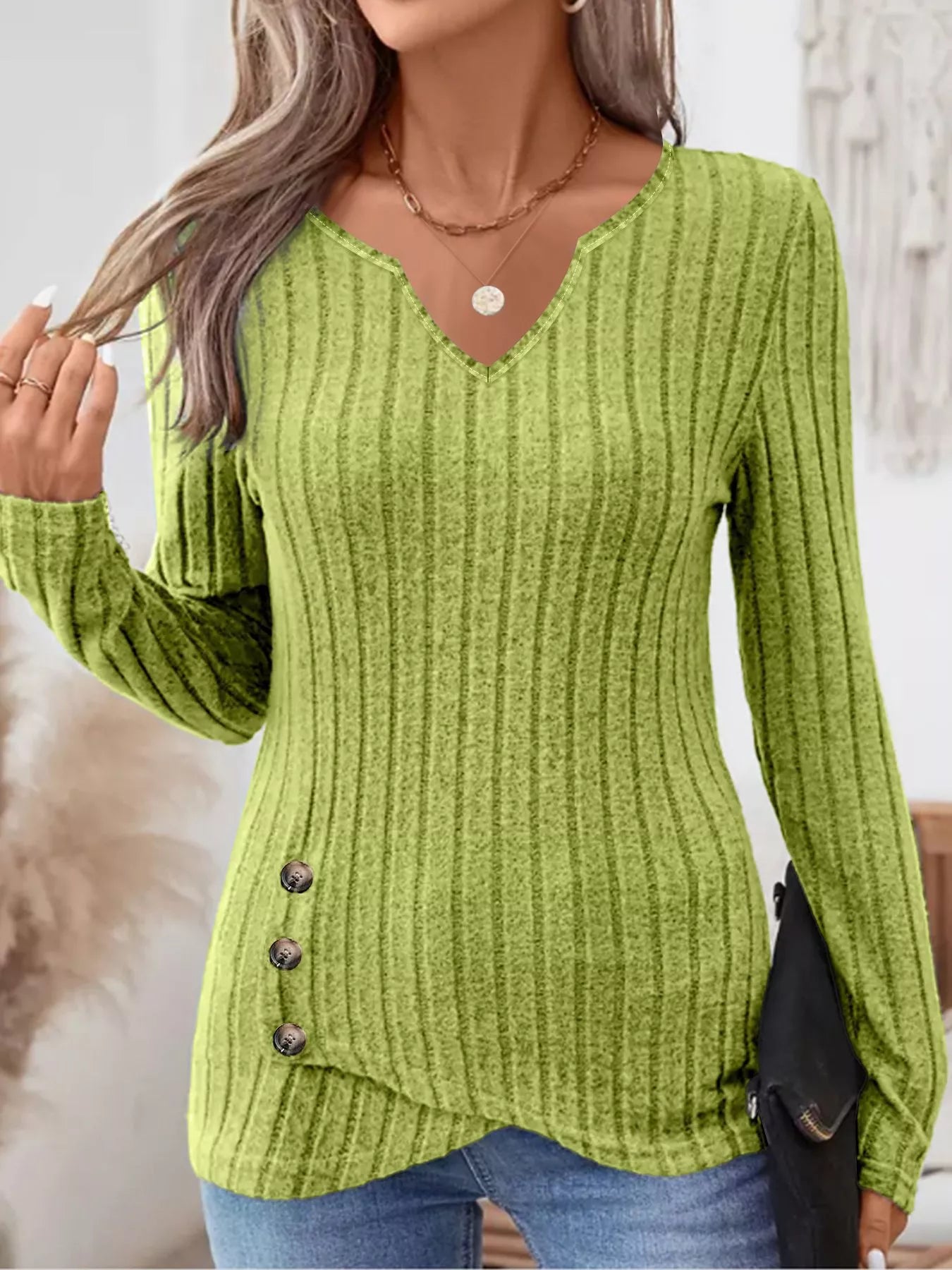 Ribbed Knit Notched Long Sleeve Top Sage