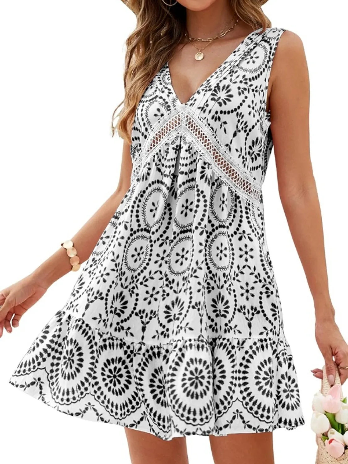 Printed V-Neck Sleeveless Mini Dress Black