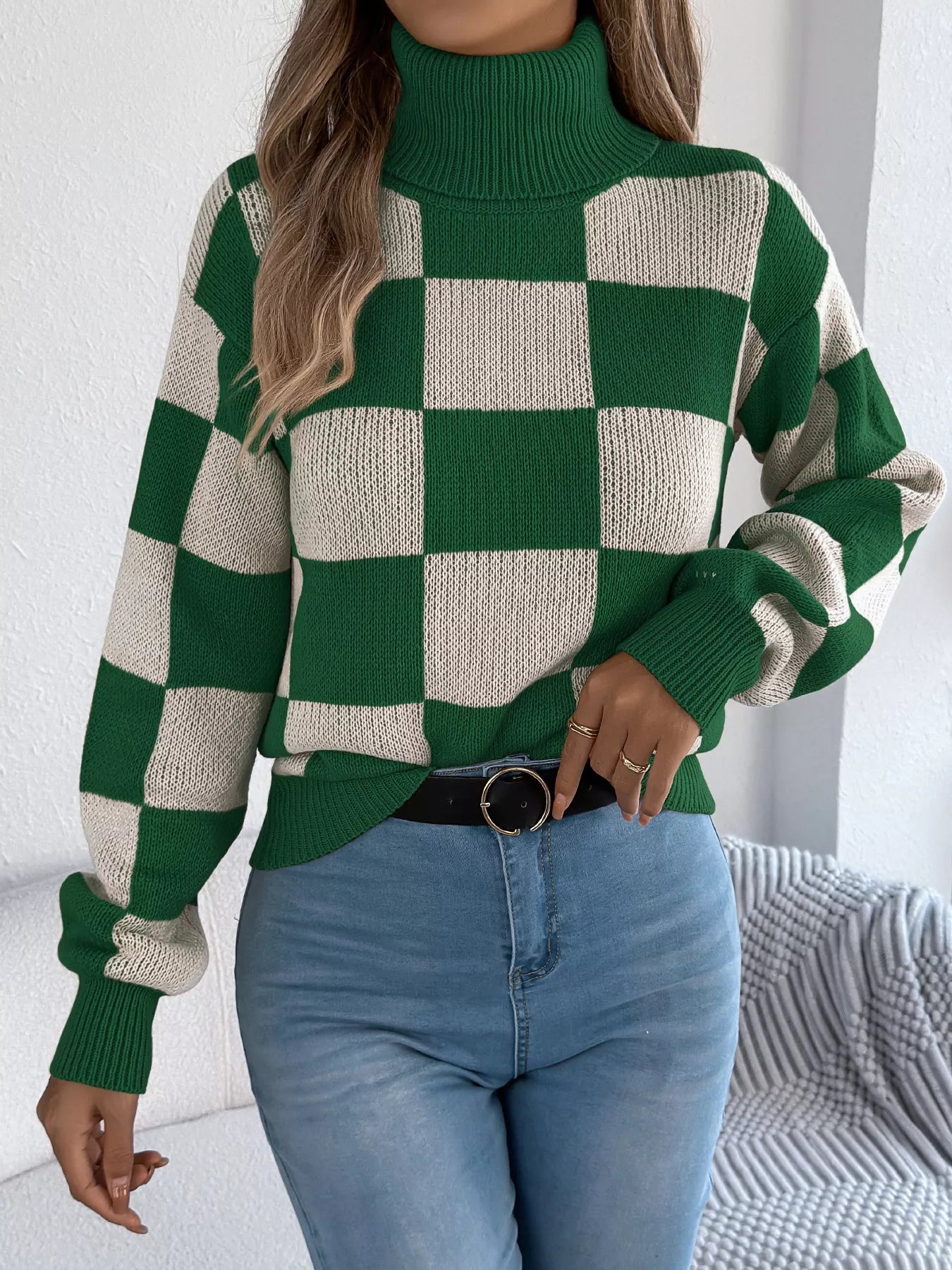 Checkered Turtleneck Long Sleeve Sweater