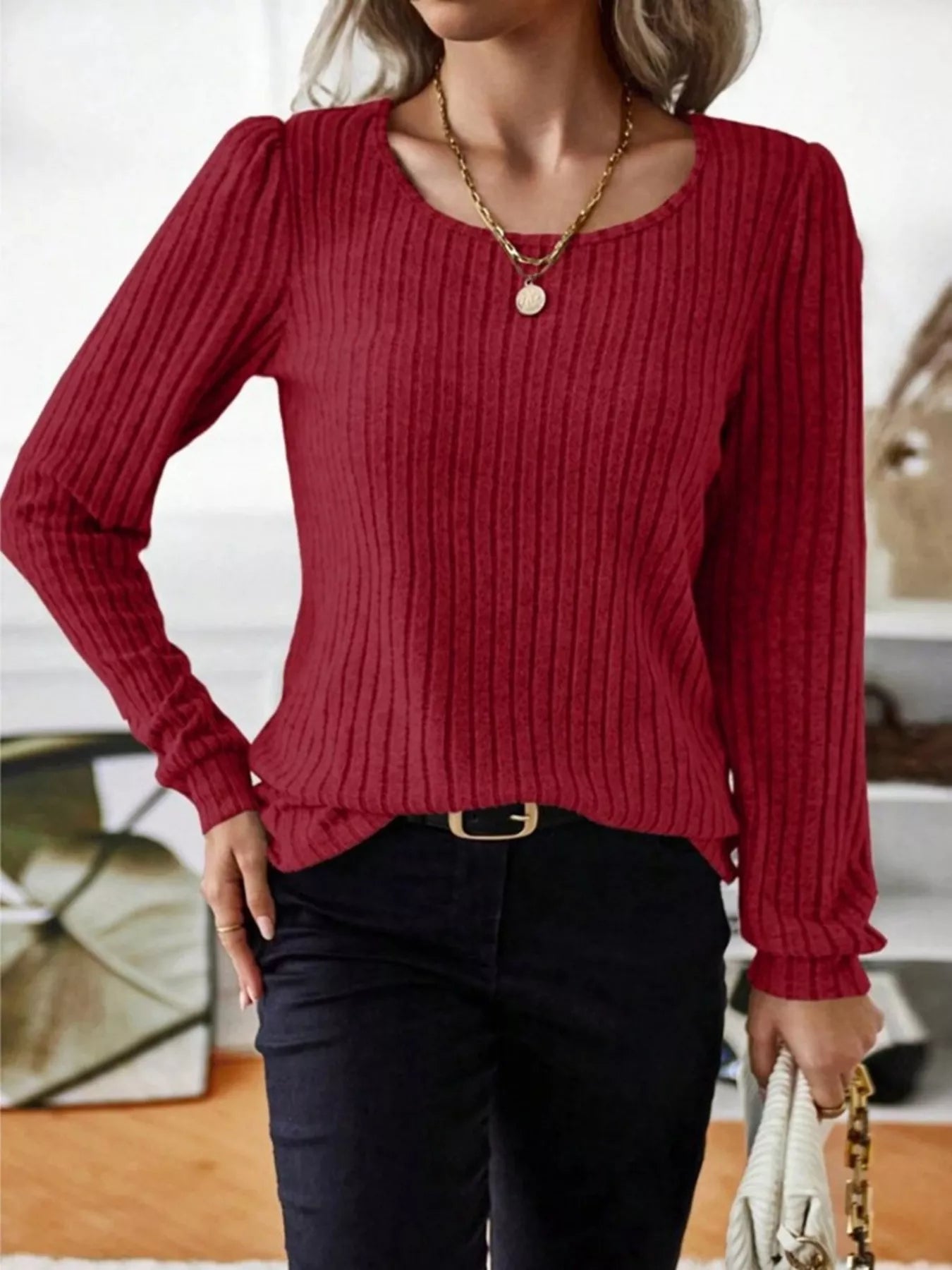 Ribbed Knit Long Sleeve T-Shirt