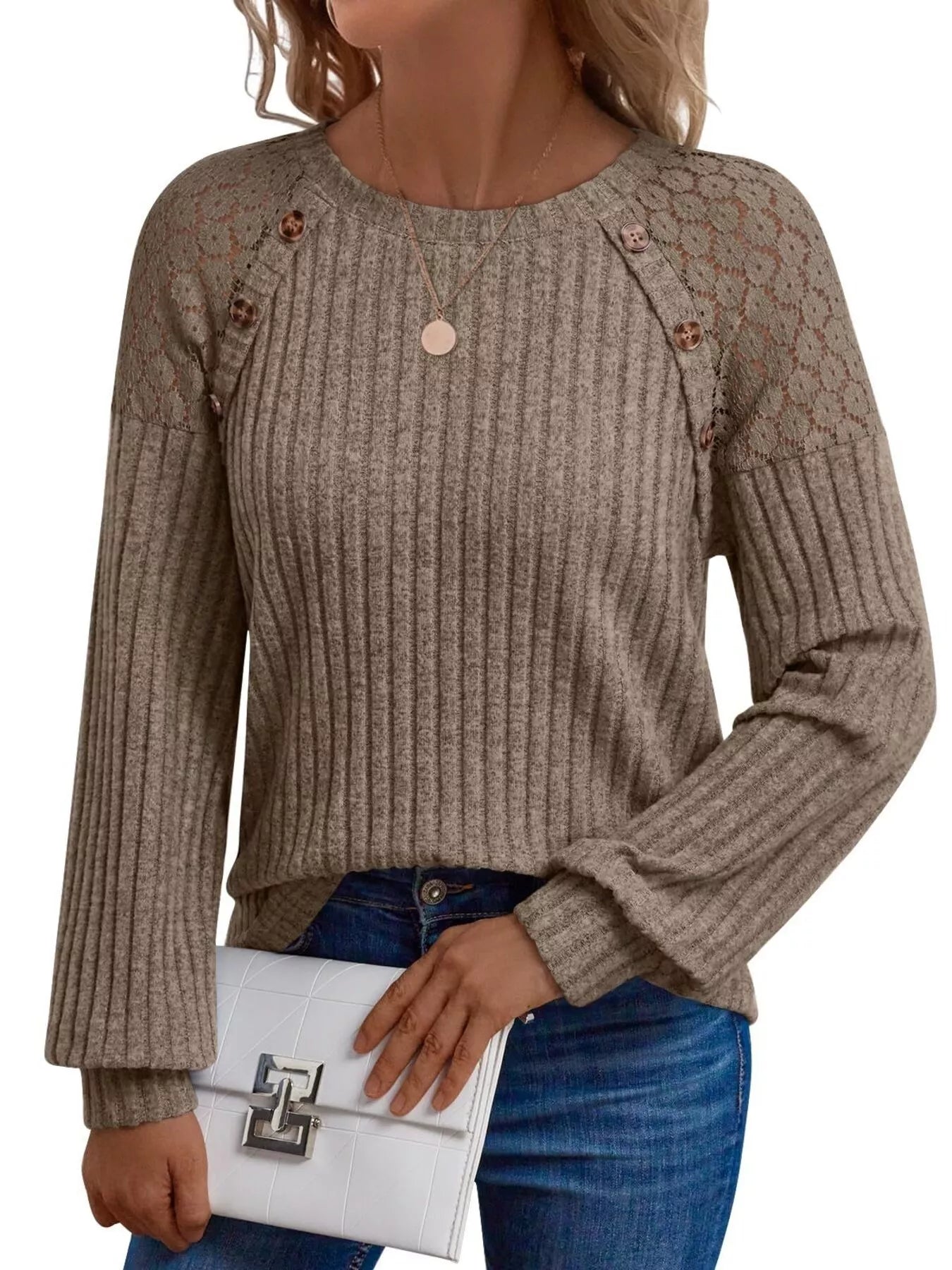 Ribbed Knit T-Shirt with Lace Shoulder Detail