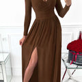Slit Surplice Long Sleeve Maxi Dress Brown
