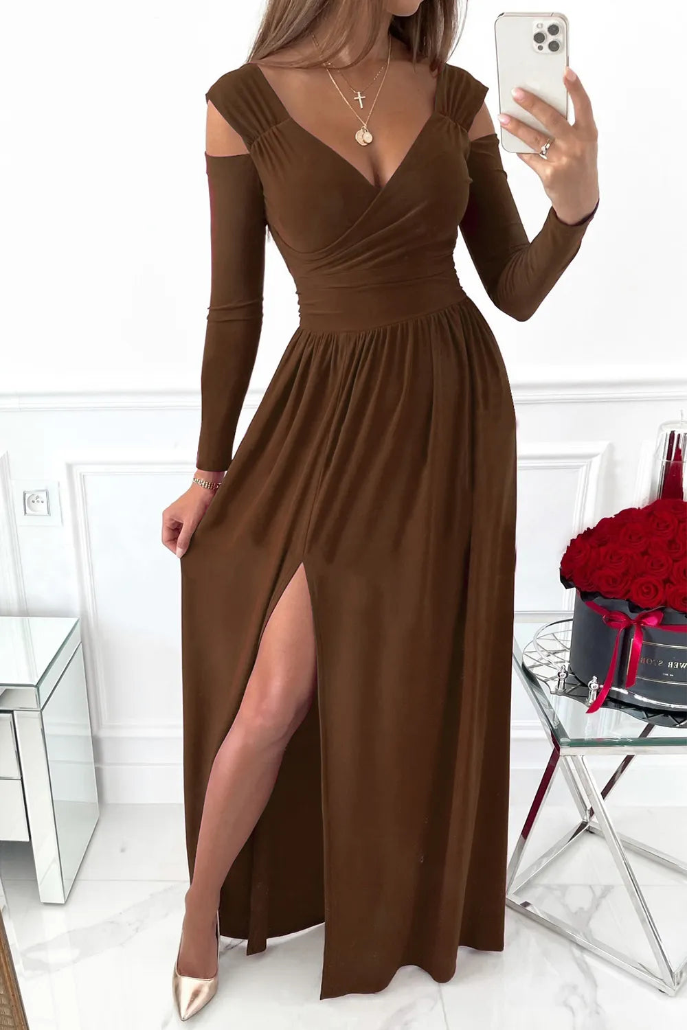 Slit Surplice Long Sleeve Maxi Dress Brown