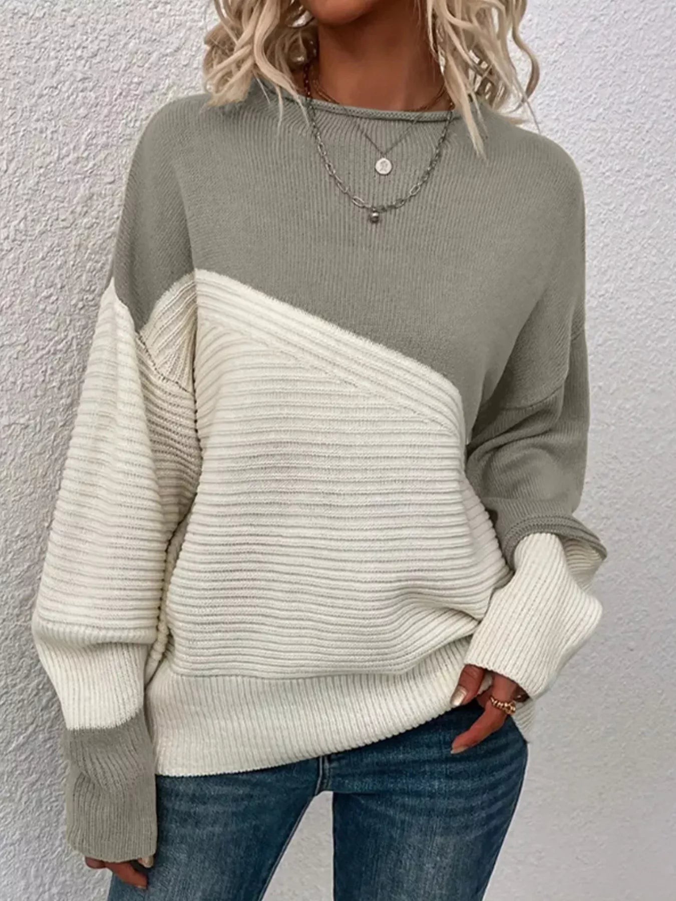 Color Block Ribbed Knit Sweater Grey