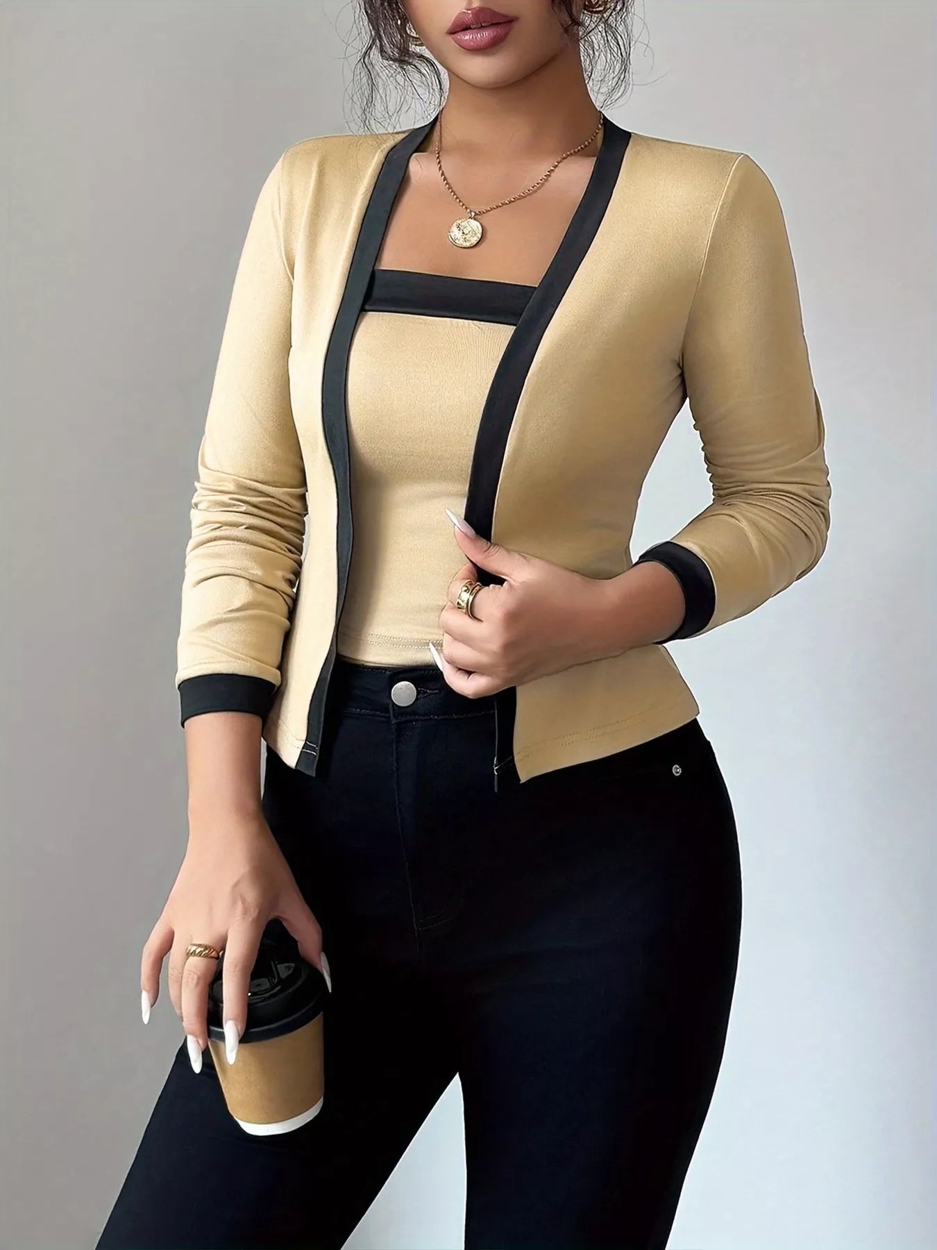 Contrast Trim Long Sleeve Top