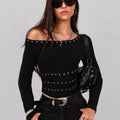 Studded One Shoulder Long Sleeve T-Shirt